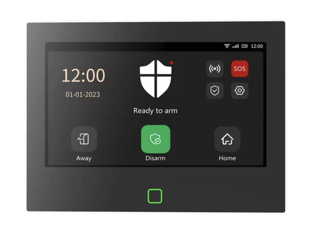 Centraal aanraakscherm voor draadloos alarmsysteem met standen Afwezig, Thuis en SOS