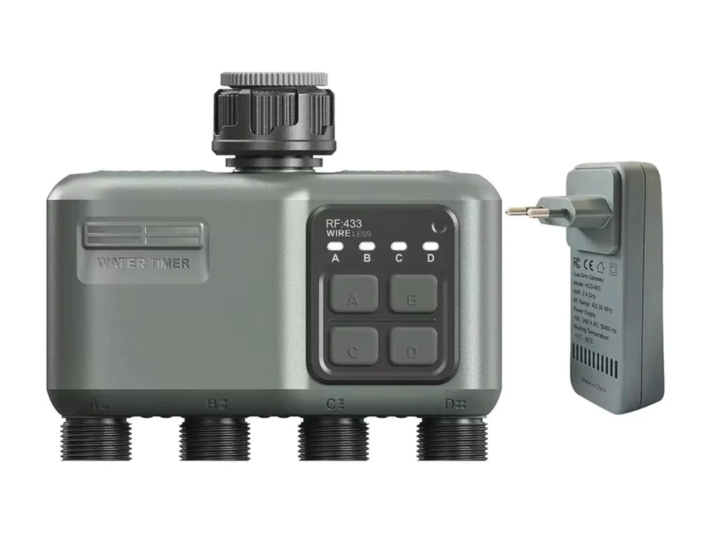 Slimme 4-zone waterverdeler met draadloze binnenhub voor automatische bewatering van de tuin